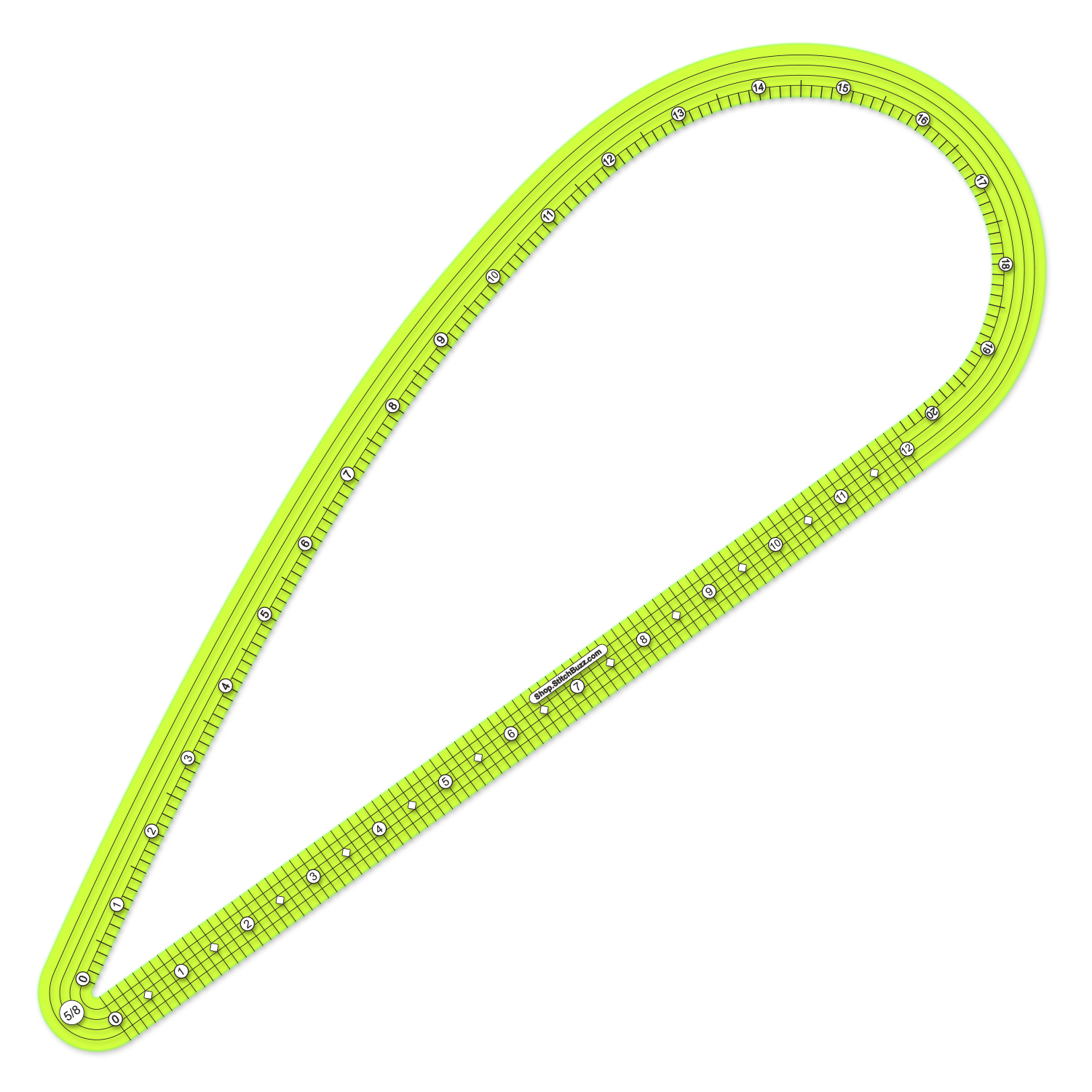 5/8ths five-eighths inch  seam allowance french curve ruler transparent yellow green plastic