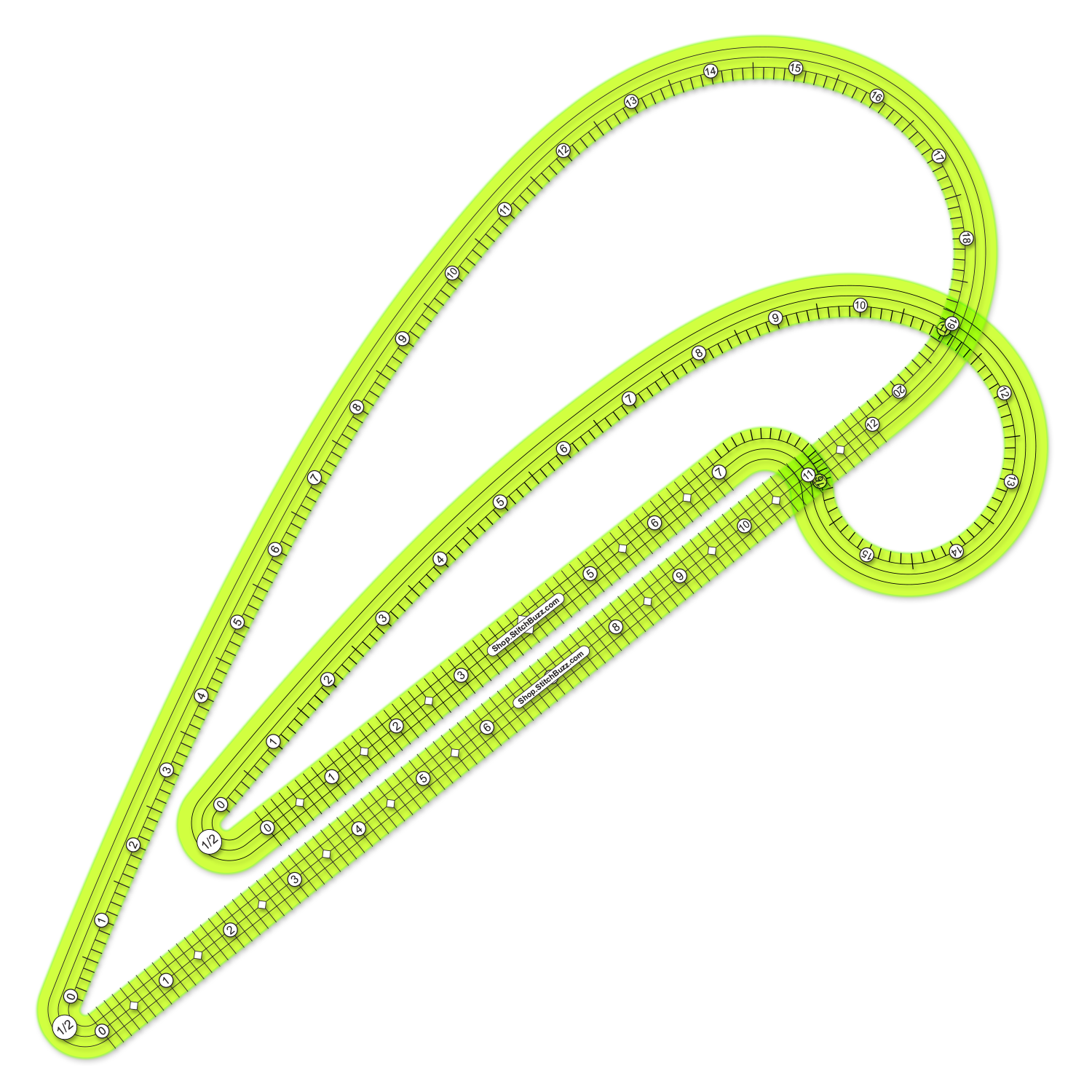 one half inch seam allowance french curve ruler set made from transparent green acrylic