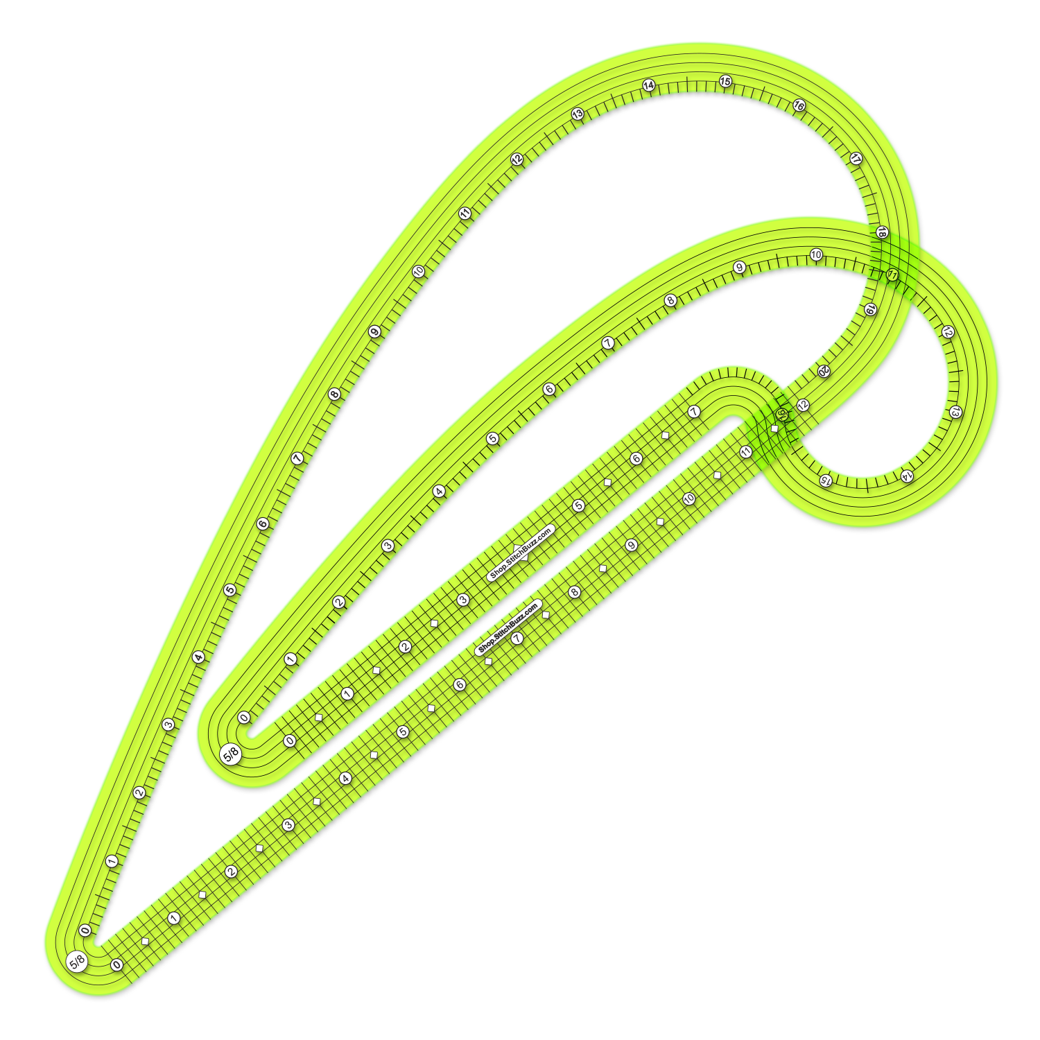 five-eighths inch seam allowance french curve ruler set transparent yellow green plastic