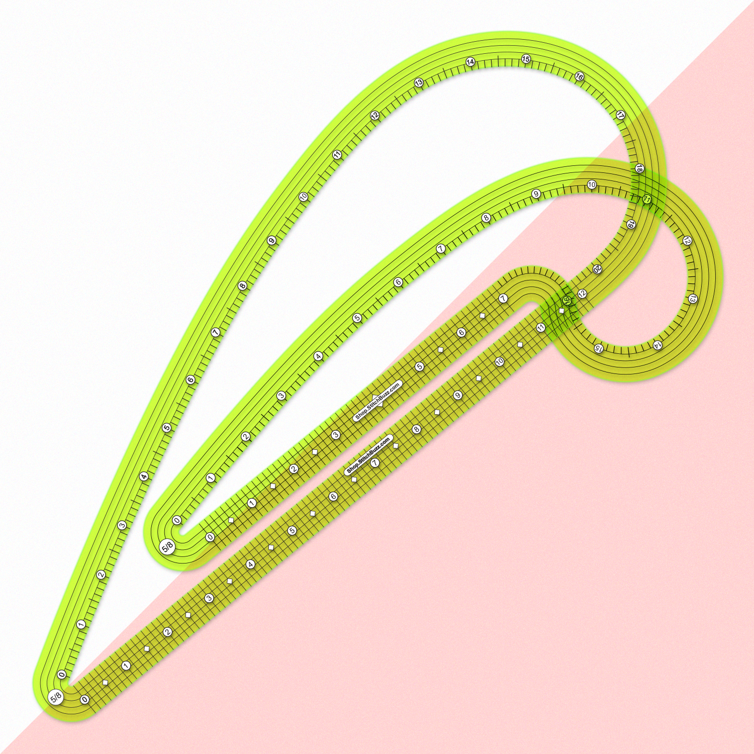 five-eighths inch seam allowance french curve ruler small and large transparent yellow green plastic